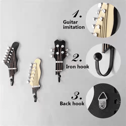 Image of Music Bumblebees Household items Retro Guitar Heads Clothes Hat Hooks Hangers Wall Mounted Set of 3