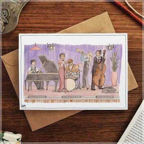 Image of Erlenmeyer Greeting Cards Jazz Scene ~ Gift Card featuring Watercolour & Ink Illustration by Stephanie Gray