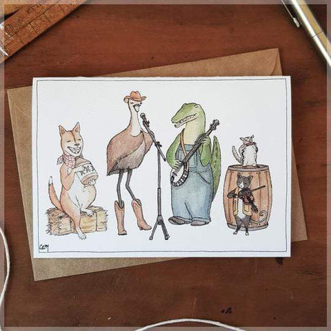 Image of Erlenmeyer Greeting Cards Matilda and the Outback Boys ~ Greeting Card featuring Watercolour & Ink Illustration by Stephanie Gray