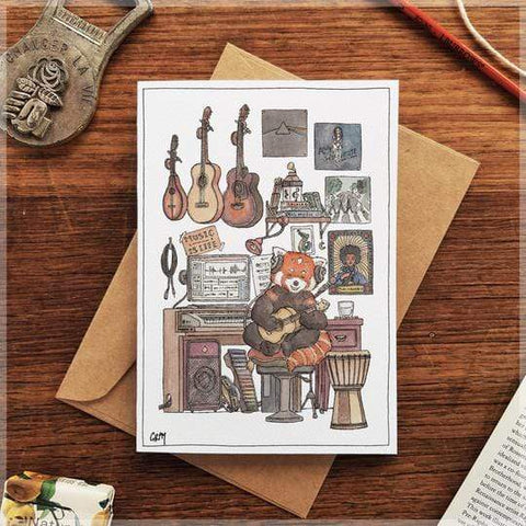 Image of Erlenmeyer Greeting Cards Red Panda's Music Room ~ Greeting Card featuring Watercolour & Ink Illustration by Stephanie Gray