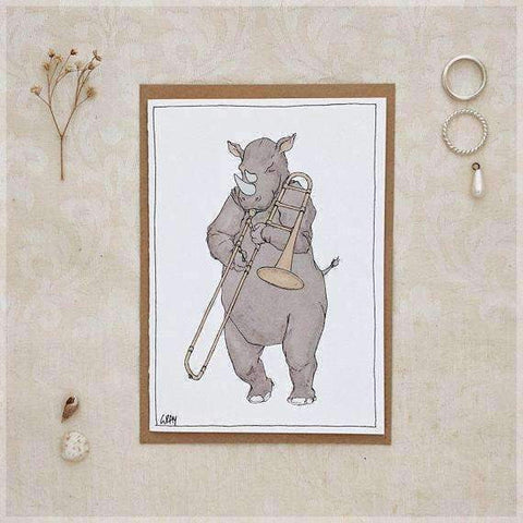 Image of Erlenmeyer Greeting Cards The Rhino and His Trombone ~ Greeting Card from Original Ink and Watercolour Painting by Stephanie Gray