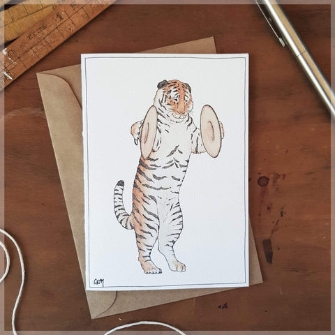 Image of Erlenmeyer Greeting Cards The Tiger and his Cymbals ~ Greeting Card featuring Watercolour & Ink Illustration by Stephanie Gray