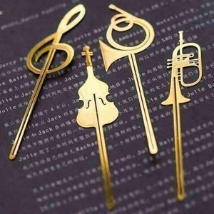 Music Bumblebees Music Bookmarks Musical Instrument Gold Bookmark - Various Trumpet, French Horn, Cello and G Clef