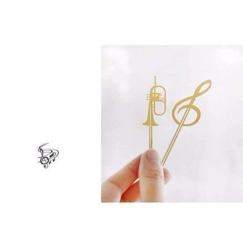Image of Music Bumblebees Music Bookmarks Musical Instrument Gold Bookmark - Various Trumpet, French Horn, Cello and G Clef