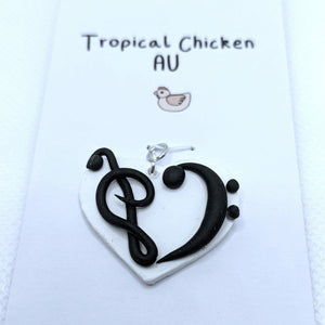 Handmade Music Themed Necklace Pendant Heart Shape Treble and Bass Clef - Tropical Chicken