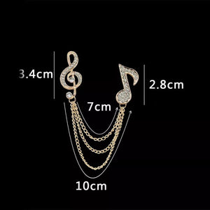 Dazzling G Clef & Music Note Chained Brooch - Crystal Gold Lapel Pin | Music Lover's Statement Gift