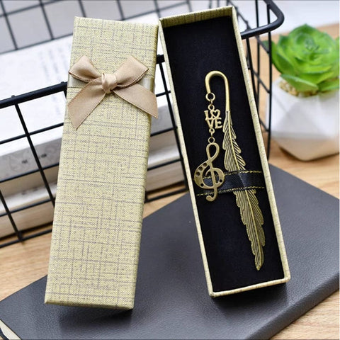 Image of Taobao Music Stationery G Clef and Love Feather Bookmark in a Giftbox - Gold