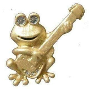 Funky Frog Playing Guitar Brooch Pin - Gold-Tone with Crystal Accents | Unique Gift for Guitarists & Music Lovers