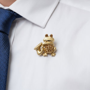 Funky Frog Playing Saxophone Brooch Pin - Gold-Tone with Amber Crystals | Unique Gift for Jazz Lovers