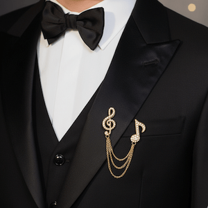 Music Bumblebees Music Jewellery Dazzling G Clef & Music Note Chained Brooch - Crystal Gold Lapel Pin | Music Lover's Statement Gift