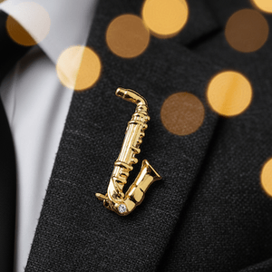 Music Bumblebees Music Jewellery Sleek Gold Saxophone Lapel Pin - Detailed Music Instrument Brooch with Crystal | Gift for Musicians