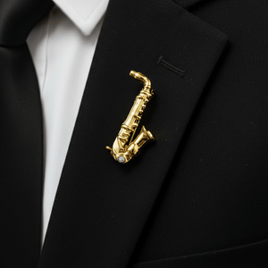 Sleek Gold Saxophone Lapel Pin - Detailed Music Instrument Brooch with Crystal | Gift for Musicians