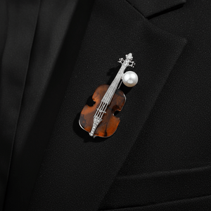 Violin Brooch / Pin with Crystal and Pearl