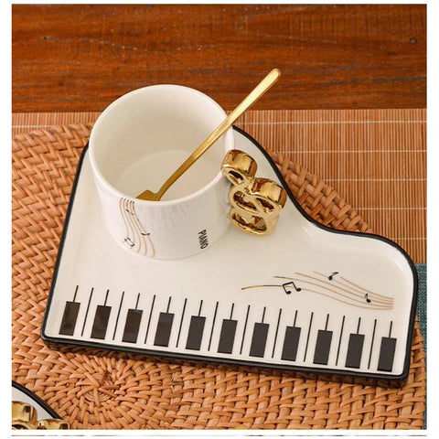 Image of Music Bumblebees Music Mug Music Themed Cup with G Clef Handle, Spoon and Grand Piano Plate