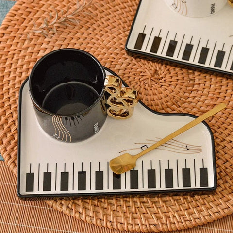 Image of Music Bumblebees Music Mug Music Themed Cup with G Clef Handle, Spoon and Grand Piano Plate