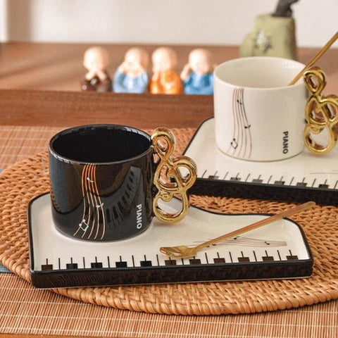 Image of Music Bumblebees Music Mug Music Themed Cup with G Clef Handle, Spoon and Grand Piano Plate