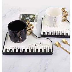 Music Bumblebees Music Mug Music Themed Cup with G Clef Handle, Spoon and Grand Piano Plate