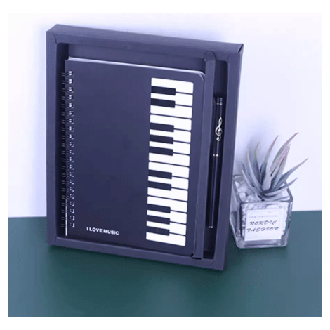 Image of Music Bumblebees Music Stationery Keyboard Box Set with Black G Clef Pen and Music Themed Note Book