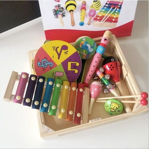 Image of Music Bumblebees Children Musical Instrument Set 10-Piece Wooden Children's Musical Instrument Set with Storage Tray