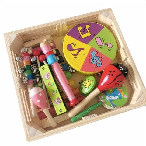 Music Bumblebees Children Musical Instrument Set 10-Piece Wooden Children's Musical Instrument Set with Storage Tray