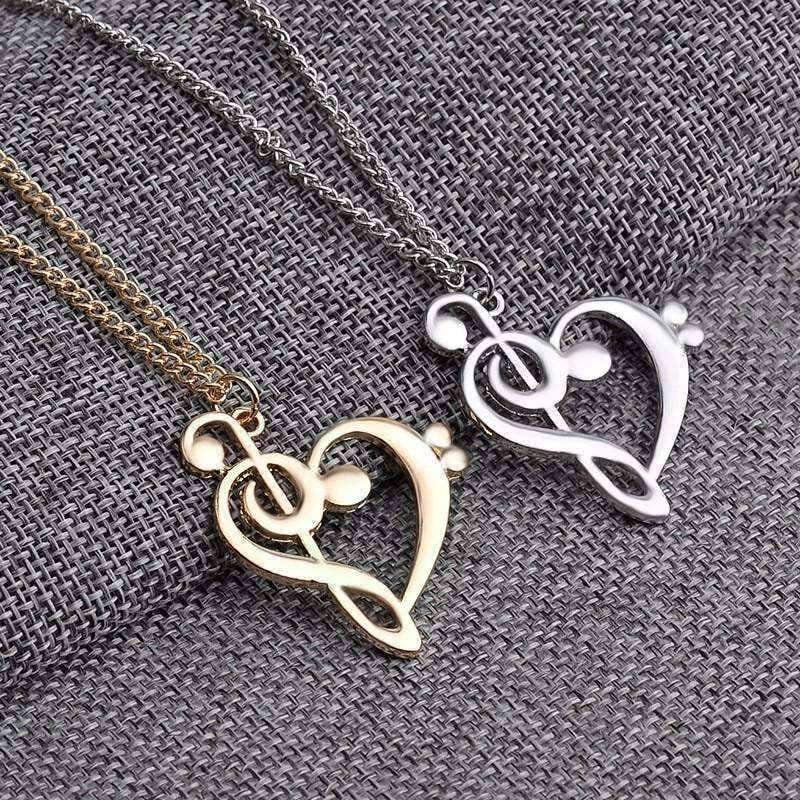 vendor-unknown Featured Products,Music Gifts,Products,Mother's Day Special Silver G Clef and F Clef Heart Shape Necklace Silver and Gold - Music Gift