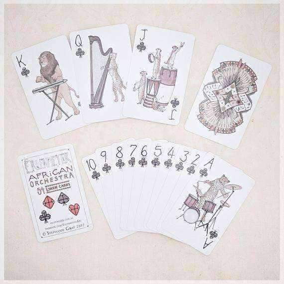 Erlenmeyer Greeting Cards African Orchestra ~ Hand Illustrated Playing Cards featuring Animals Playing Musical Instruments by Stephanie Gray