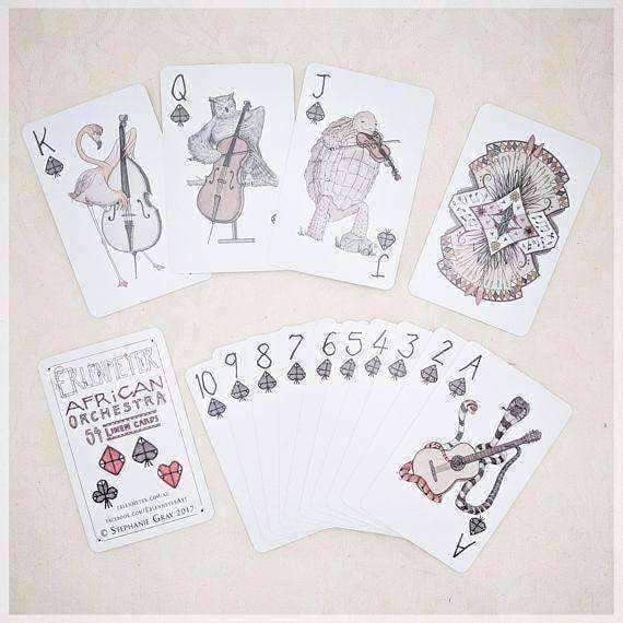 Erlenmeyer Greeting Cards African Orchestra ~ Hand Illustrated Playing Cards featuring Animals Playing Musical Instruments by Stephanie Gray
