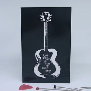 Bright Butterfly Greeting Cards Guitar Heart Strings Black Greeting Card by Bright Butterfly