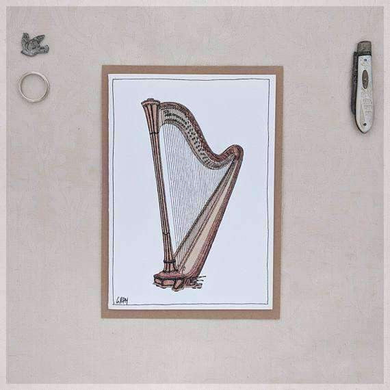 Erlenmeyer Greeting Cards Harp ~ Gift Card featuring Watercolour & Ink Illustration by Stephanie Gray