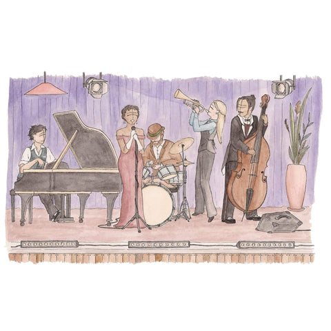 Image of Erlenmeyer Greeting Cards Jazz Scene ~ Gift Card featuring Watercolour & Ink Illustration by Stephanie Gray