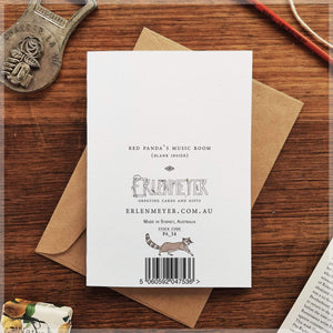 Red Panda's Music Room ~ Greeting Card featuring Watercolour & Ink Illustration by Stephanie Gray