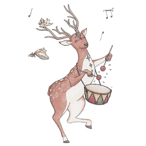 Reindeer beating his Drum ~ Greeting Card featuring Watercolour & Ink Illustration by Stephanie Gray