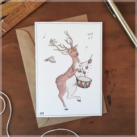 Image of Erlenmeyer Greeting Cards Reindeer beating his Drum ~ Greeting Card featuring Watercolour & Ink Illustration by Stephanie Gray