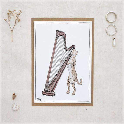 Image of Erlenmeyer Greeting Cards The Cheetah & Her Harp ~ Greeting Card from Original Ink and Watercolour Painting by Stephanie Gray