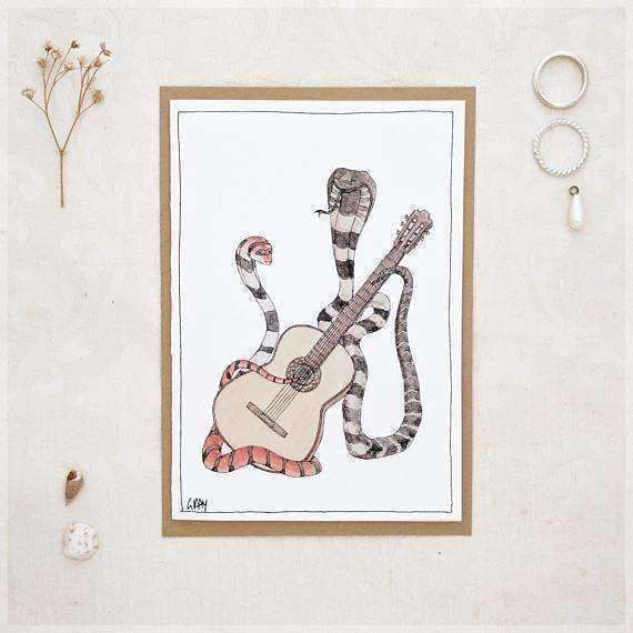 Erlenmeyer Greeting Cards The Cobras & Their Classical Guitar ~ Greeting Card from Original Ink and Watercolour Painting by Stephanie Gray
