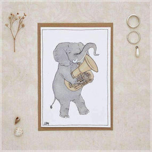 Erlenmeyer Greeting Cards The Elephant and Her Tuba ~ Greeting Card from Original Ink and Watercolour Painting by Stephanie Gray