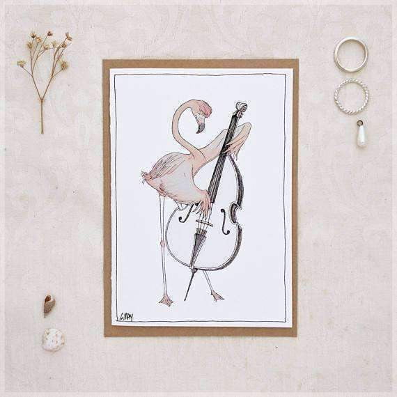 Erlenmeyer Greeting Cards The Flamingo & His Double Bass ~ Greeting Card from Original Ink and Watercolour Painting by Stephanie Gray