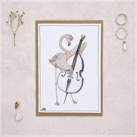 Image of Erlenmeyer Greeting Cards The Flamingo & His Double Bass ~ Greeting Card from Original Ink and Watercolour Painting by Stephanie Gray