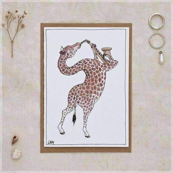 Erlenmeyer Greeting Cards The Giraffe & Her Saxophone ~ Greeting Card from Original Ink and Watercolour Painting by Stephanie Gray