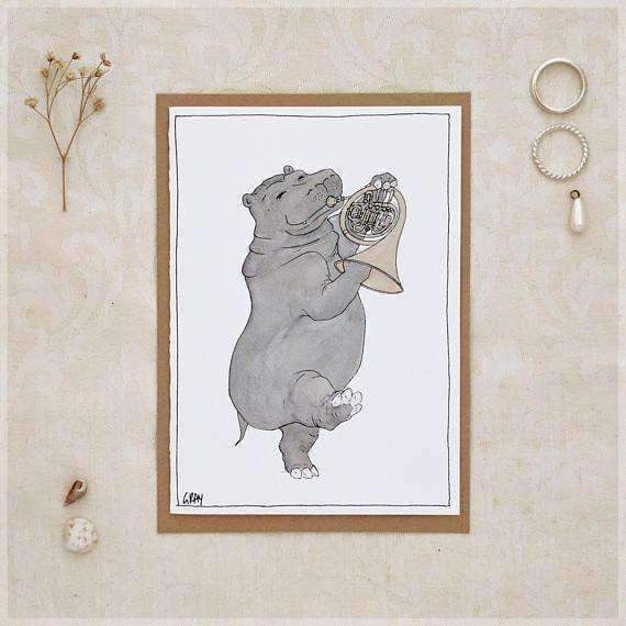 Erlenmeyer Greeting Cards The Hippo and Her French Horn ~ Greeting Card from Original Ink and Watercolour Painting by Stephanie Gray