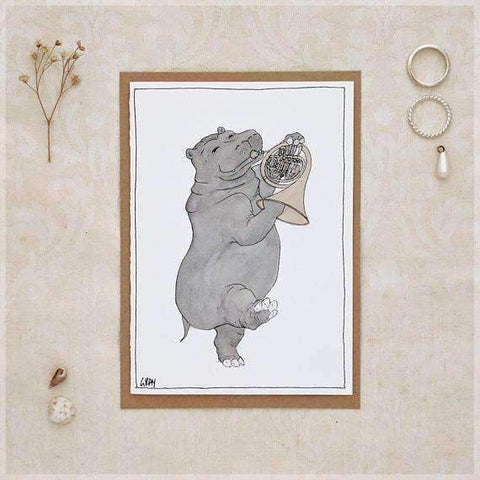 Image of Erlenmeyer Greeting Cards The Hippo and Her French Horn ~ Greeting Card from Original Ink and Watercolour Painting by Stephanie Gray