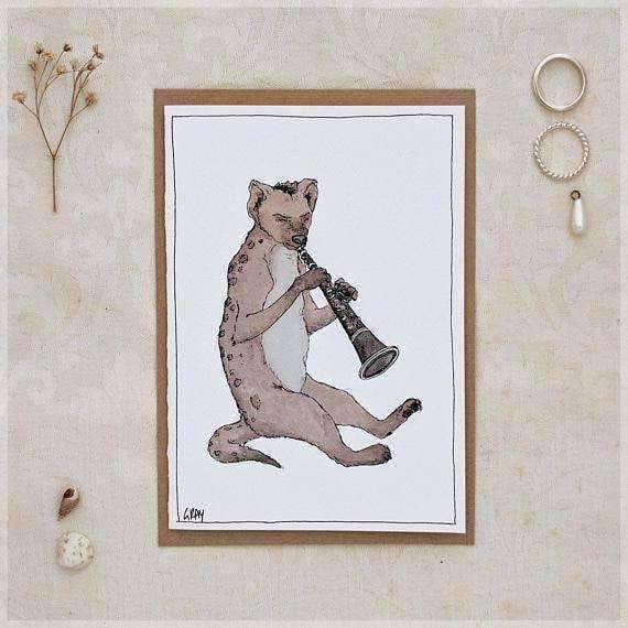 Erlenmeyer Greeting Cards The Hyena & His Clarinet ~ Greeting Card from Original Ink and Watercolour Painting by Stephanie Gray