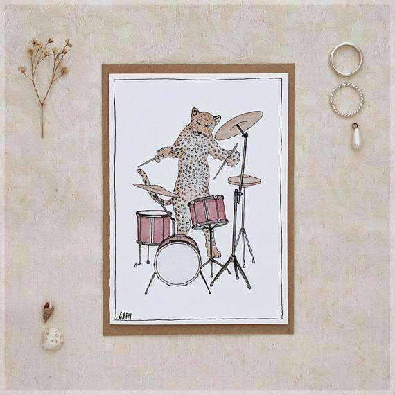 Erlenmeyer Greeting Cards The Leopard & Her Drumkit ~ Greeting Card from Original Ink and Watercolour Painting by Stephanie Gray