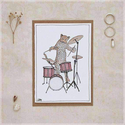 Image of Erlenmeyer Greeting Cards The Leopard & Her Drumkit ~ Greeting Card from Original Ink and Watercolour Painting by Stephanie Gray