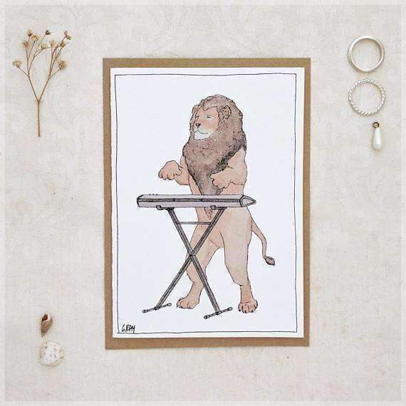 Erlenmeyer Greeting Cards The Lion & His Keyboard ~ Greeting Card from Original Ink and Watercolour Painting by Stephanie Gray