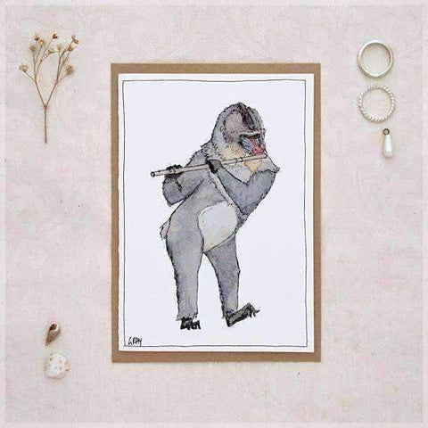 Image of Erlenmeyer Greeting Cards The Mandrill & His Flute ~ Greeting Card from Original Ink and Watercolour Painting by Stephanie Gray