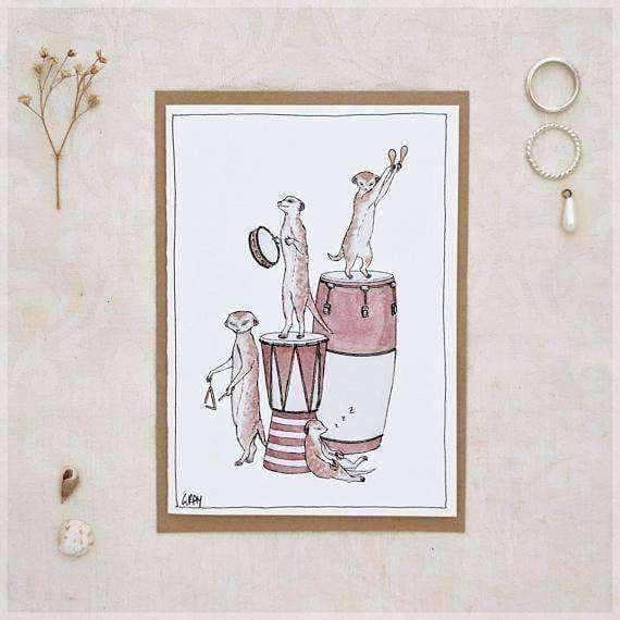 Erlenmeyer Greeting Cards The Meerkats On Percussion ~ Greeting Card from Original Ink and Watercolour Painting by Stephanie Gray