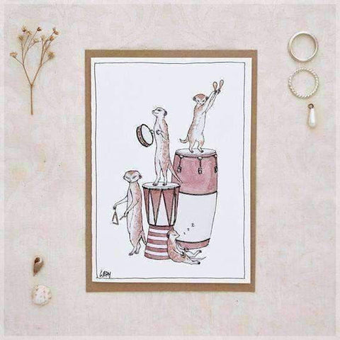 Image of Erlenmeyer Greeting Cards The Meerkats On Percussion ~ Greeting Card from Original Ink and Watercolour Painting by Stephanie Gray