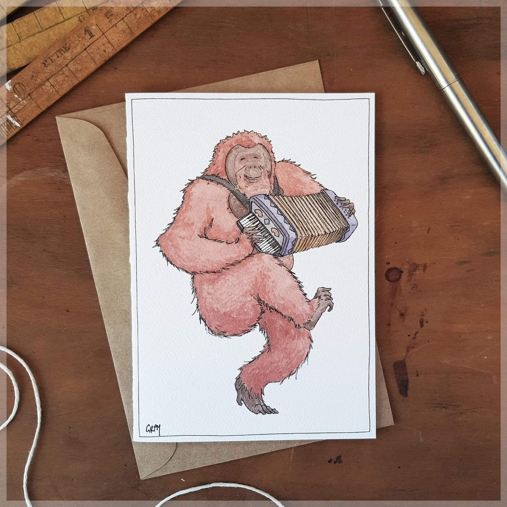 Erlenmeyer Greeting Cards The Orangutan with his Accordion ~ Greeting Card featuring Watercolour & Ink Illustration by Stephanie Gray