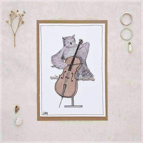 Image of Erlenmeyer Greeting Cards The Owl & Her Cello ~ Greeting Card from Original Ink and Watercolour Painting by Stephanie Gray